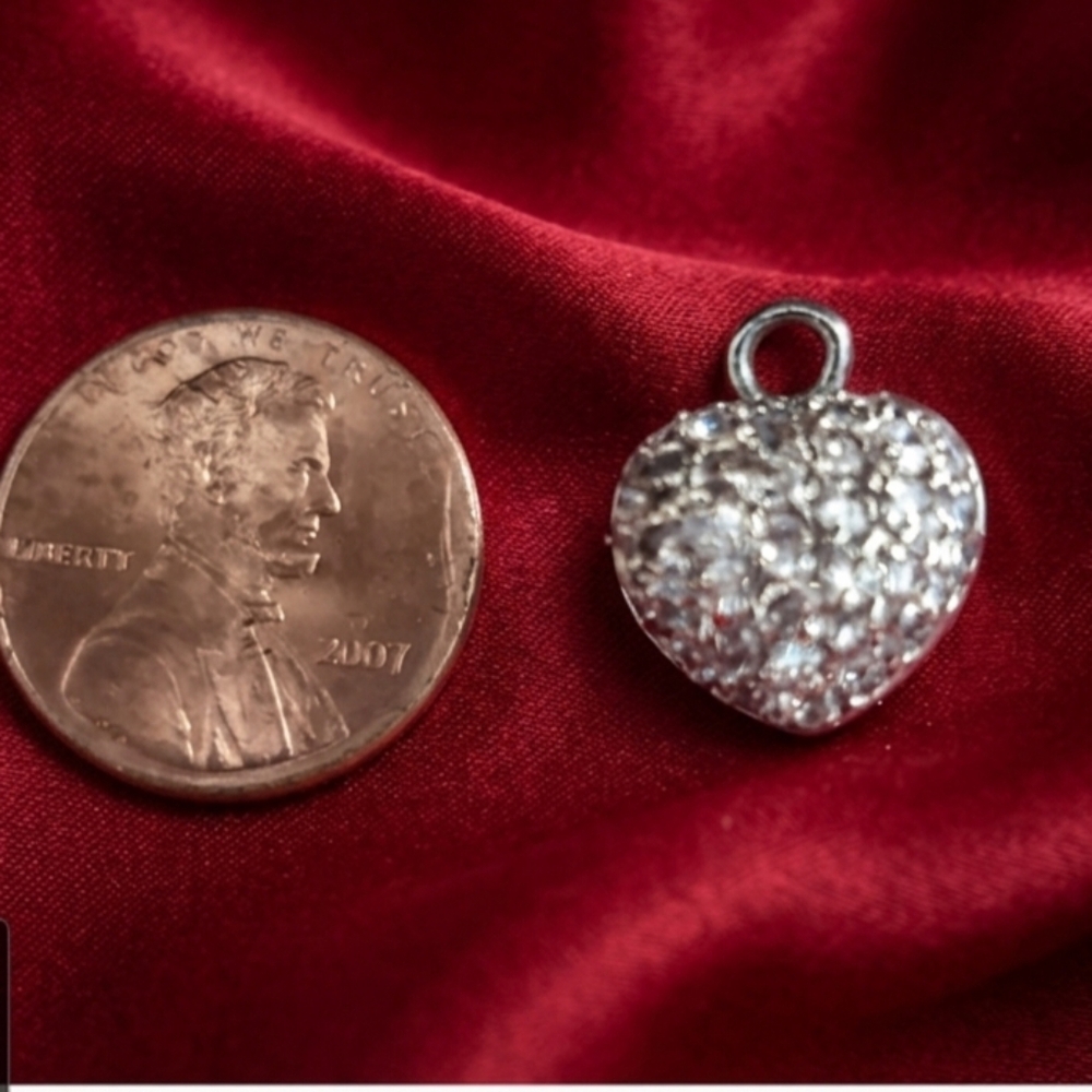 Puffy Crystal Heart Pendant Silvertone Rhinestones Pave Crystals - Picture 3 of 5